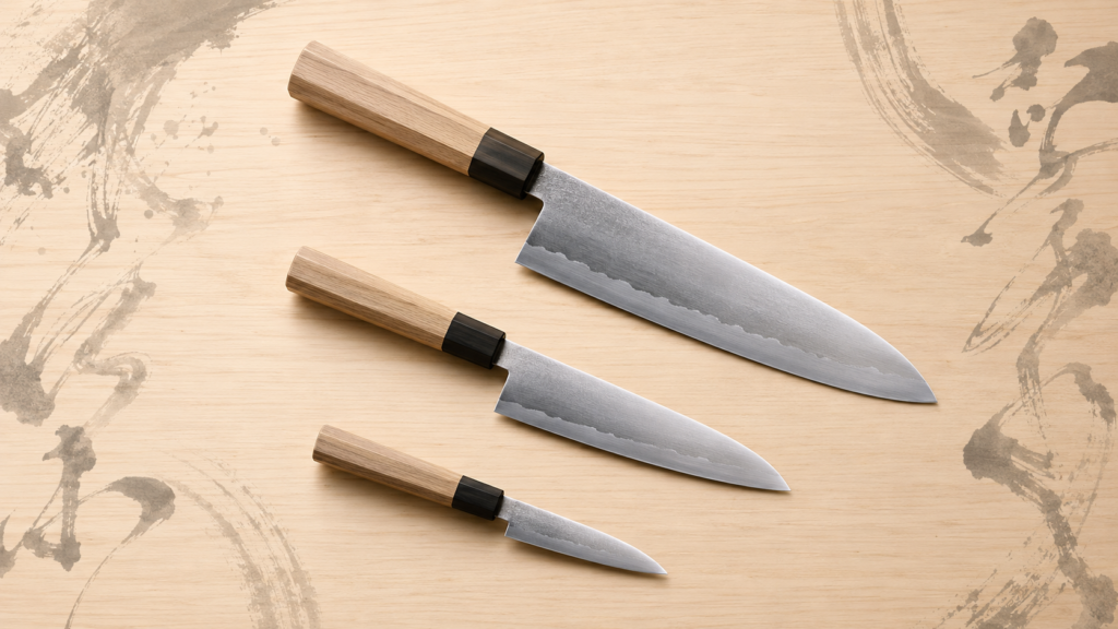 Three Japanese knives of different sizes arranged on a wooden surface