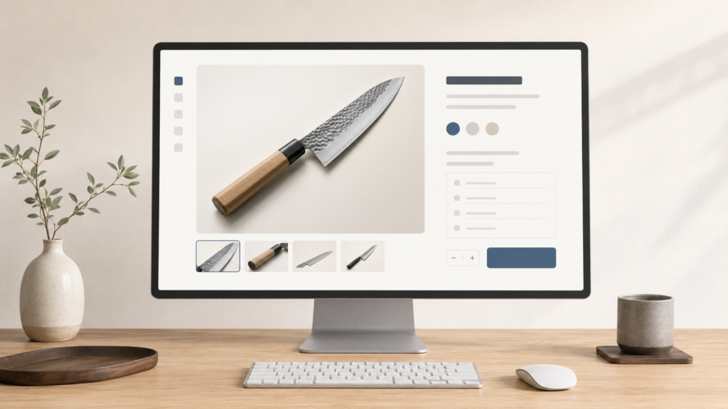 Computer screen showing a Japanese knife product page for online shopping