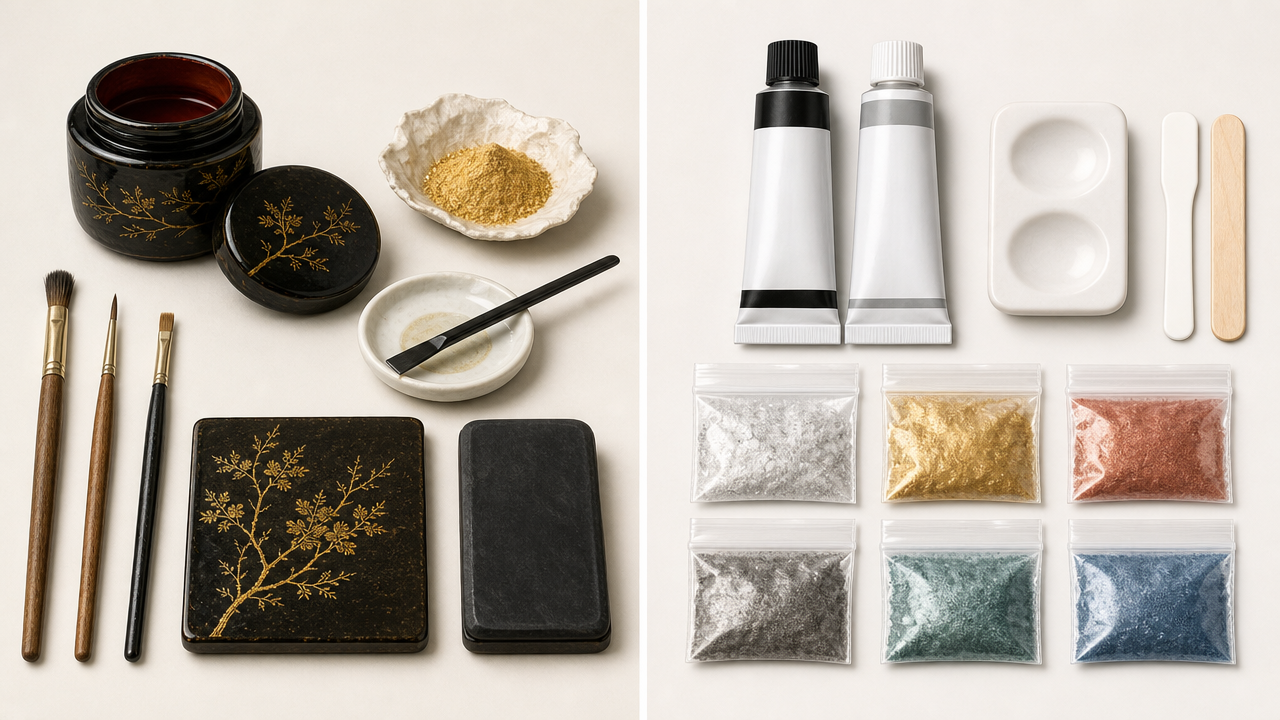 A side-by-side illustrative diagram showing two repair kit setups on a neutral background: on the left, traditional lacquer and gold powder tools; on the right, epoxy tubes and mica powder packets, depicted as a clean product layout illustration, no text labels