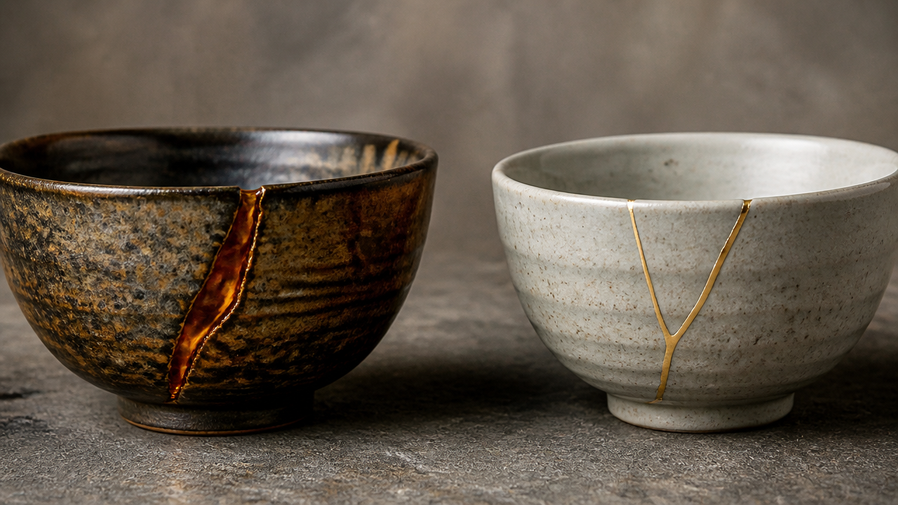 An illustrative close-up of two repaired ceramic bowls side by side on a stone surface: one with a deep amber-and-gold urushi repair seam, one with a brighter flat gold line, showing subtle texture difference, soft studio lighting, no text