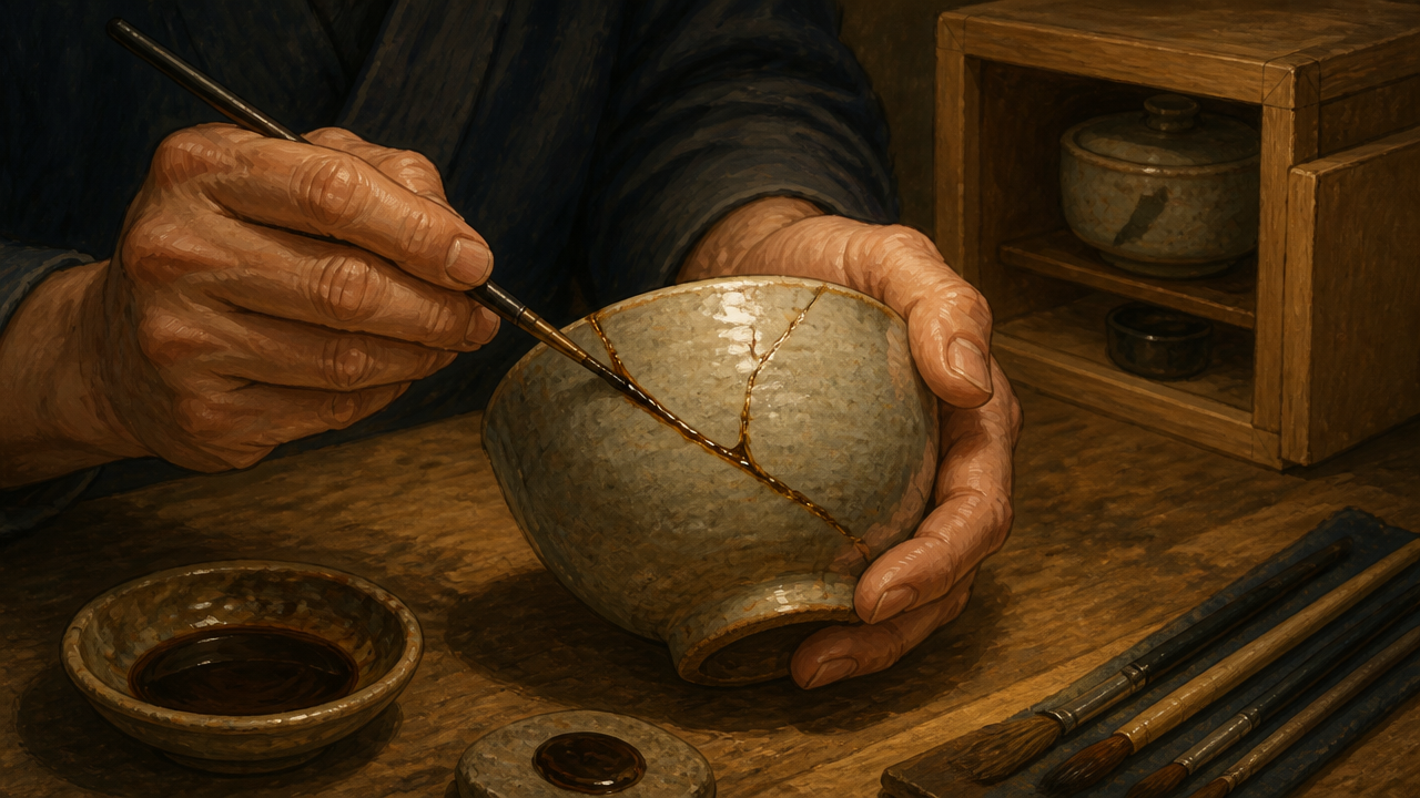 An illustration of hands carefully applying lacquer to a cracked ceramic bowl with a fine brush, a small wooden humidity box visible in the background, warm workshop lighting, painterly editorial style, no text