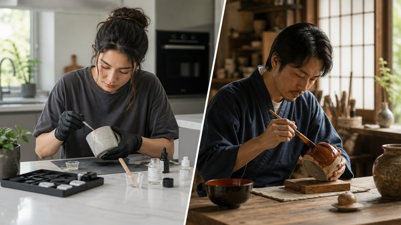 An editorial illustration showing two people: one at a modern kitchen counter quickly repairing a mug with a resin kit, another sitting quietly at a traditional wooden workbench applying lacquer to a ceramic piece with careful focus, split composition, soft natural light, no text