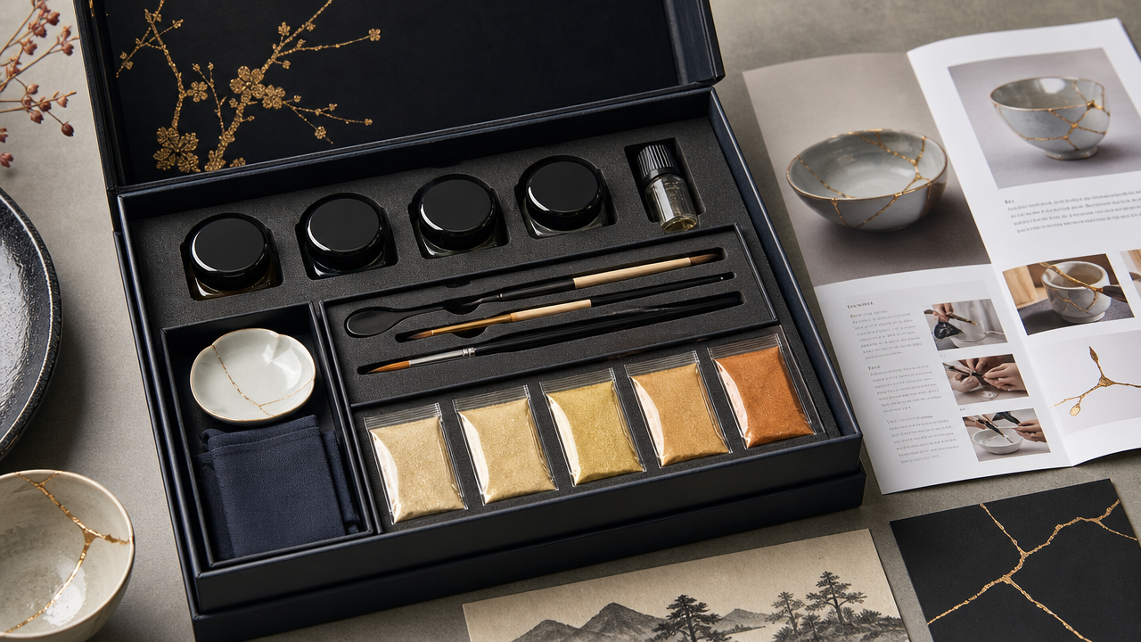 A detailed illustration of a premium Japanese kintsugi kit packaging laid open on a table, showing labeled compartments with lacquer containers and gold powder sachets, product documentation visible, clean editorial product-shot style, no text