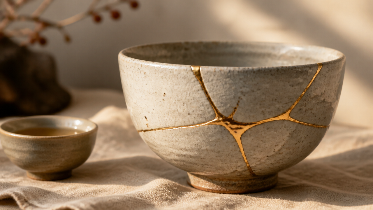 A close-up illustration of a repaired ceramic tea bowl with a luminous gold urushi seam catching warm afternoon light, placed on a linen cloth beside a small tea cup, serene and minimal composition, no text