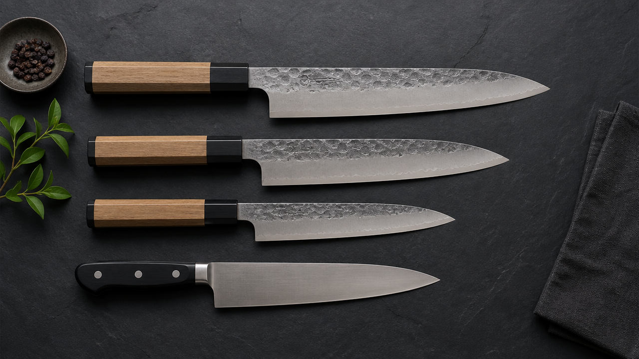 Flat lay arrangement on a dark slate surface showing three Japanese Gyuto knives of different sizes (210mm, 240mm, 270mm) laid parallel, with a Wa handle octagonal knife beside a Western handle knife. Soft top-down studio lighting, no labels or text overlays, clean minimalist styling.