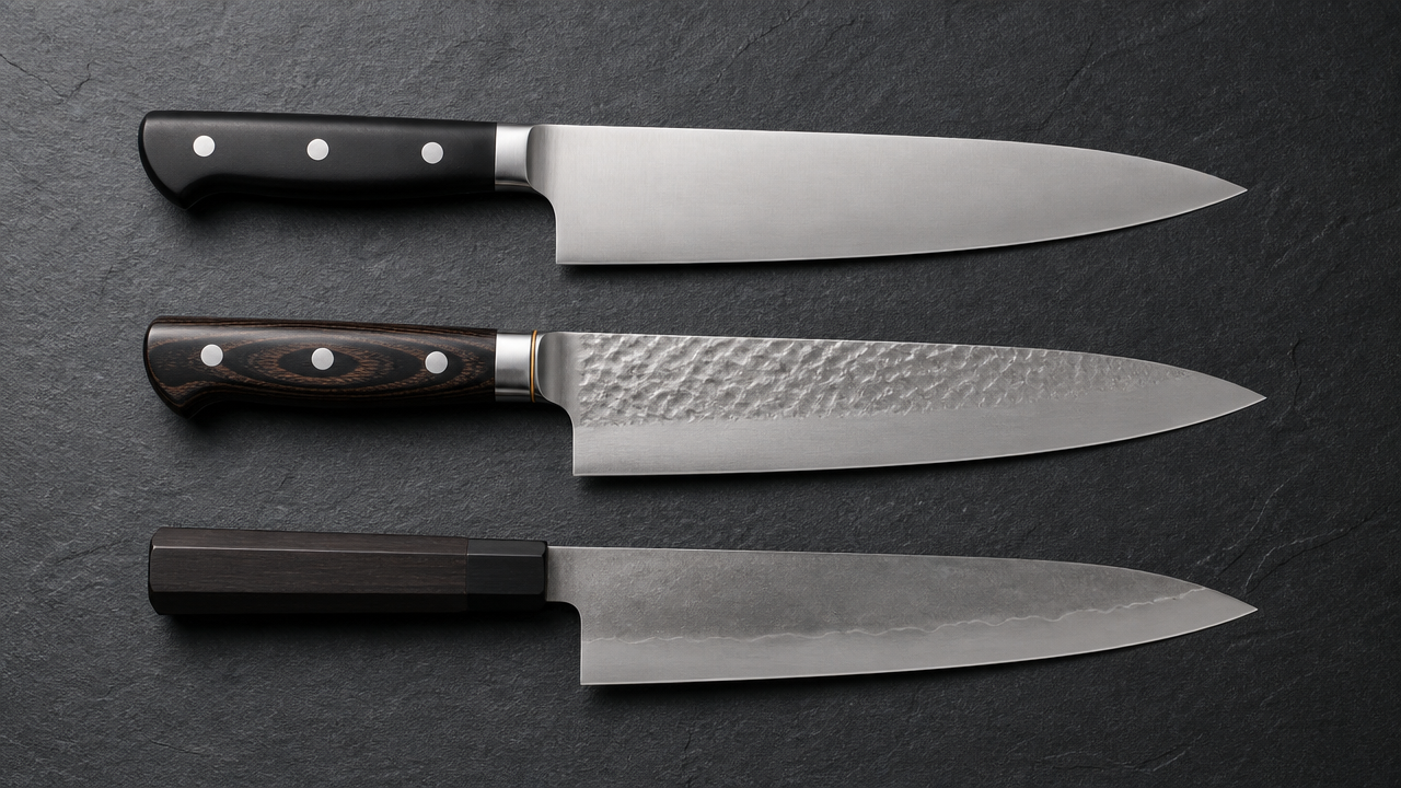Flat lay of three Japanese Gyuto knives on a dark slate surface arranged vertically from top to bottom, representing entry, mid-range, and high-end tiers — varying in handle material (plastic Western, pakkawood hybrid, and dark ebony Wa handle). Soft studio lighting from the left, no text, no price tags, clean composition.