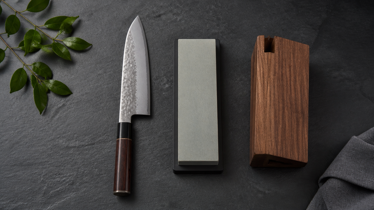 Flat lay on a dark slate surface showing a Japanese Gyuto knife beside a simple whetstone sharpening stone and a small wooden knife block, arranged neatly. Soft overhead studio lighting, no text overlays, no price tags, emphasizing a maintenance-focused still life composition.