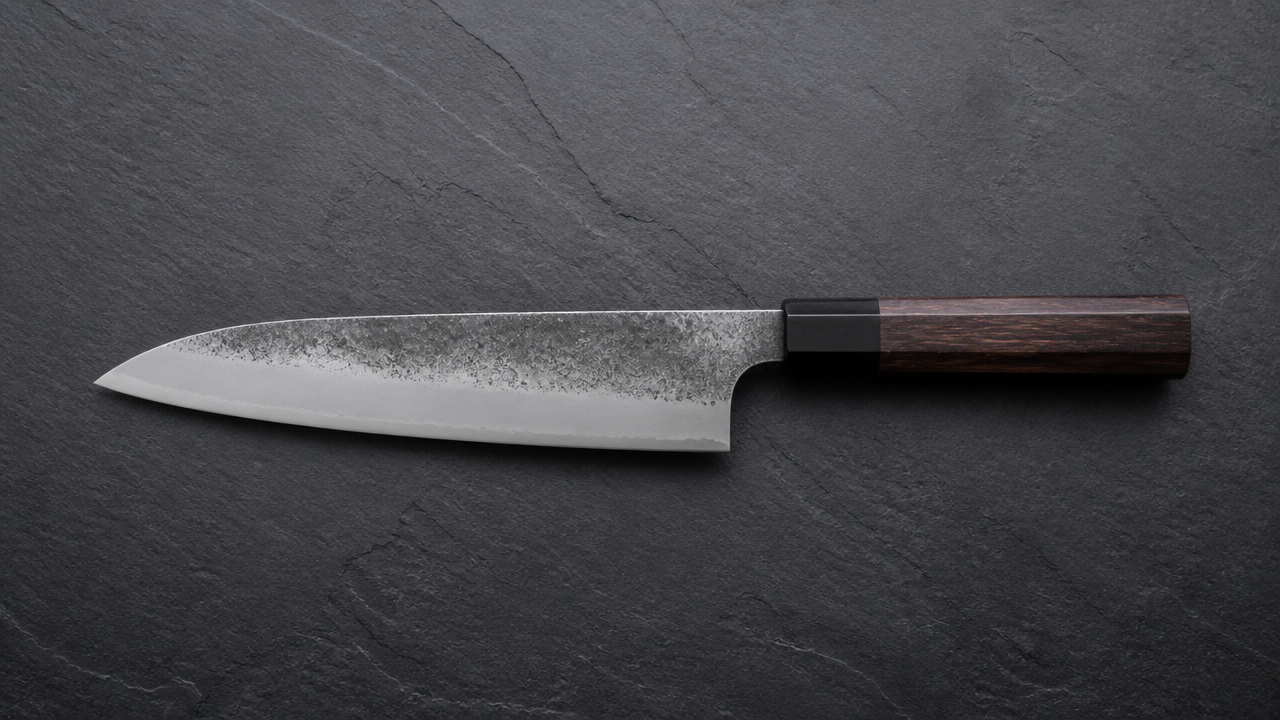 Flat lay on a dark slate surface of a single Japanese Gyuto knife with a handcrafted octagonal Wa handle in dark wood, blade pointing left, shot from directly above with soft diffused studio lighting. The composition is minimal and elegant, no props, no text, no price tags.