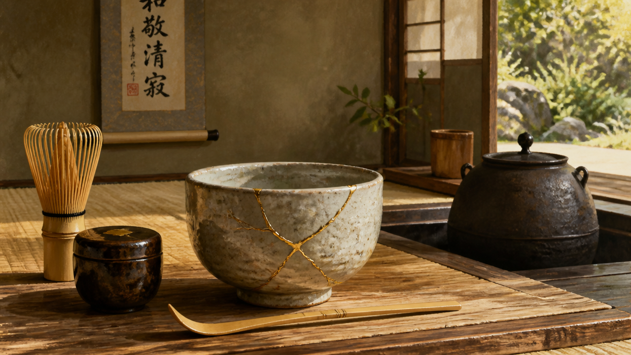 A detailed illustration of a traditional Japanese tea ceremony setting, with a beautifully repaired ceramic bowl displaying golden kintsugi lines prominently on a wooden tatami table, soft natural lighting, painterly style