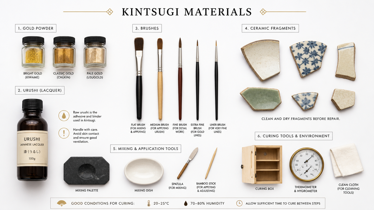 A flat-lay illustration showing kintsugi materials arranged neatly: small jars of gold powder, a bottle of urushi lacquer, brushes of different sizes, ceramic fragments, and curing tools, clean white background, instructional diagram style