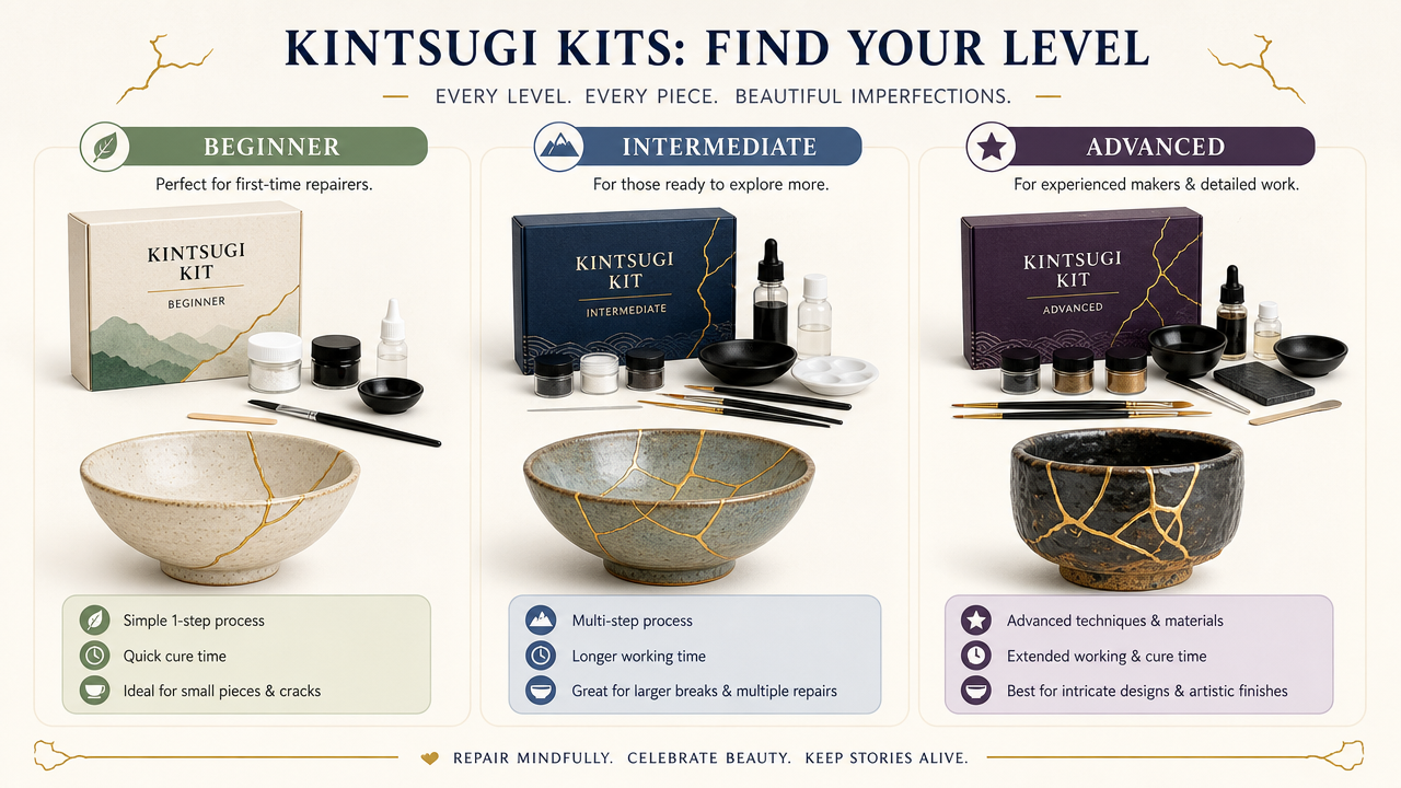 An illustrated comparison chart style image showing three kintsugi kits arranged from left to right representing beginner, intermediate, and advanced levels, with stylized gold repair lines on ceramic pieces next to each kit, clean background, infographic aesthetic