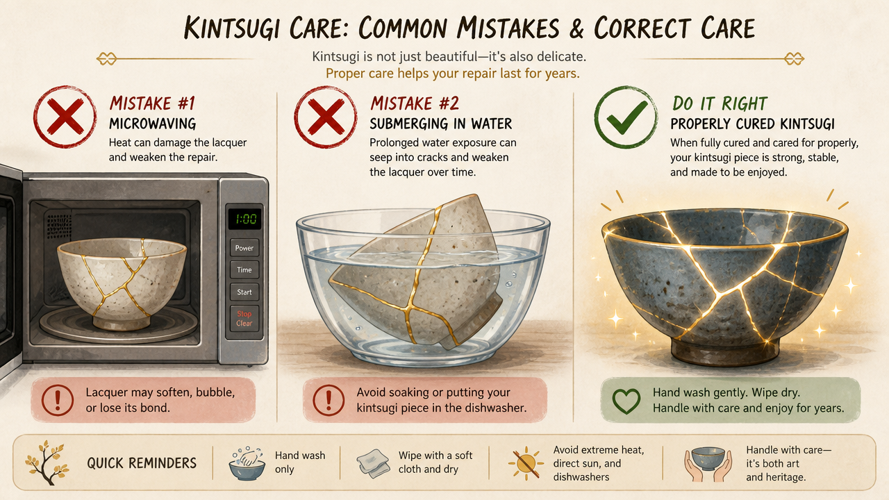 A stylized illustration showing common kintsugi mistakes: a ceramic bowl placed in a microwave (with a red X), a piece submerged in water (with a red X), and a correctly cured kintsugi bowl glowing with golden repair lines (with a green checkmark), instructional diagram style