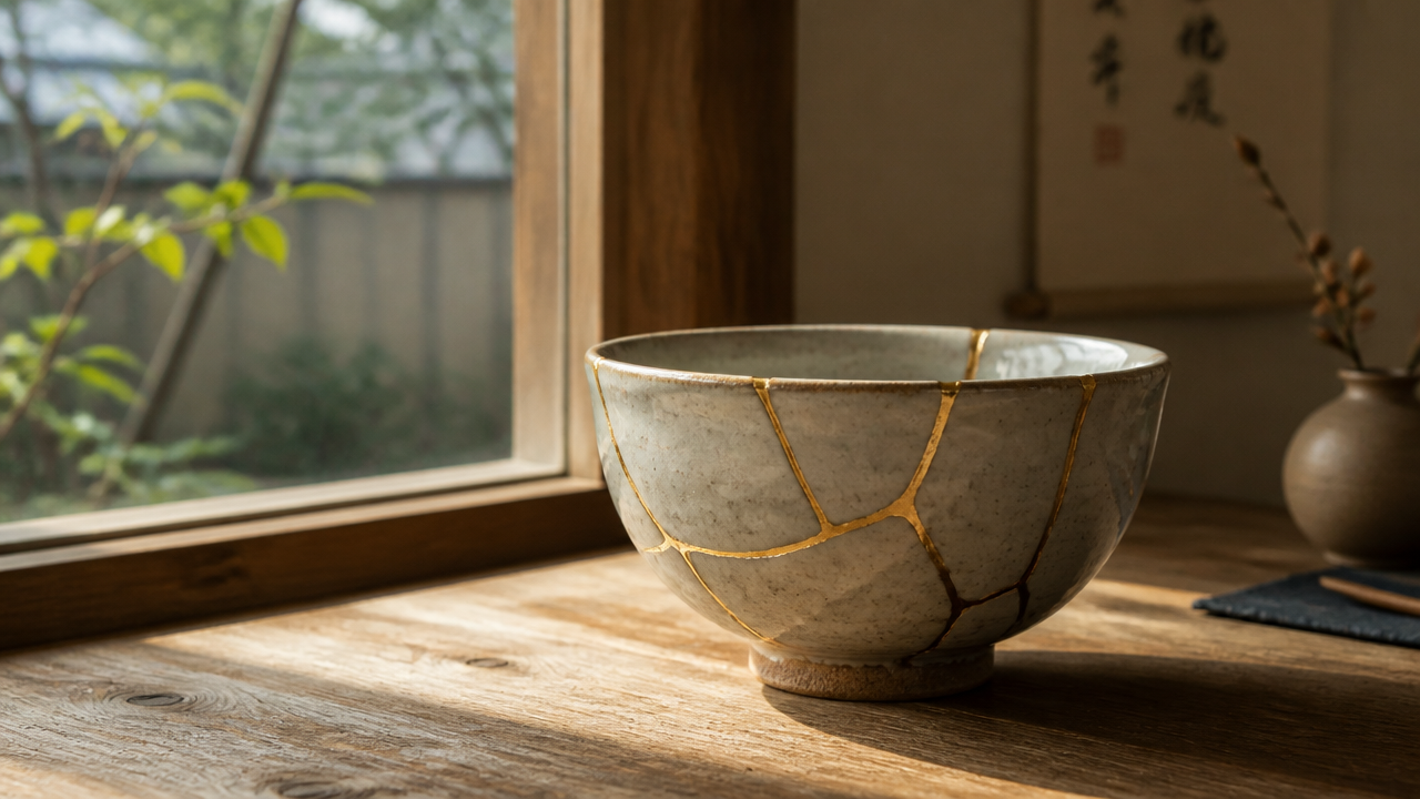 A serene illustration of a beautifully kintsugi-repaired ceramic bowl placed on a wooden surface beside a window with soft natural daylight, golden repair lines catching the light, minimalist Japanese aesthetic, warm tones