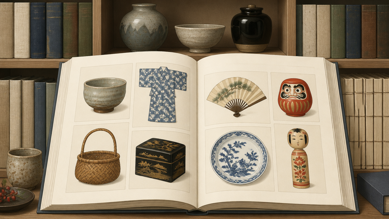 A simple illustrated bookshelf or open reference book with Japanese craft imagery, clean academic style, muted colors, no text visible