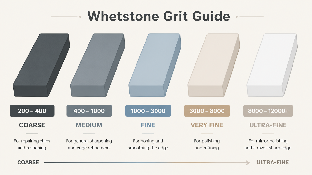 A clean infographic-style illustration showing five rectangular whetstones arranged in a row from left to right, each labeled with a grit range (coarse to ultra-fine), color-coded from dark grey to pale white, simple flat design, no photorealistic textures, soft background