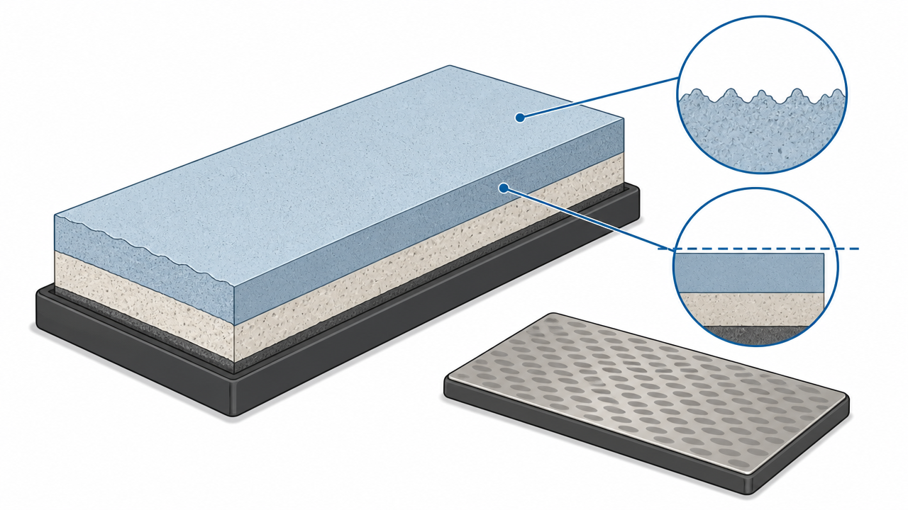 An educational illustration showing a cross-section diagram of a whetstone with labels pointing to surface texture and flatness, alongside a small diamond flattening plate, clean vector-style design, white background, no text inside the image