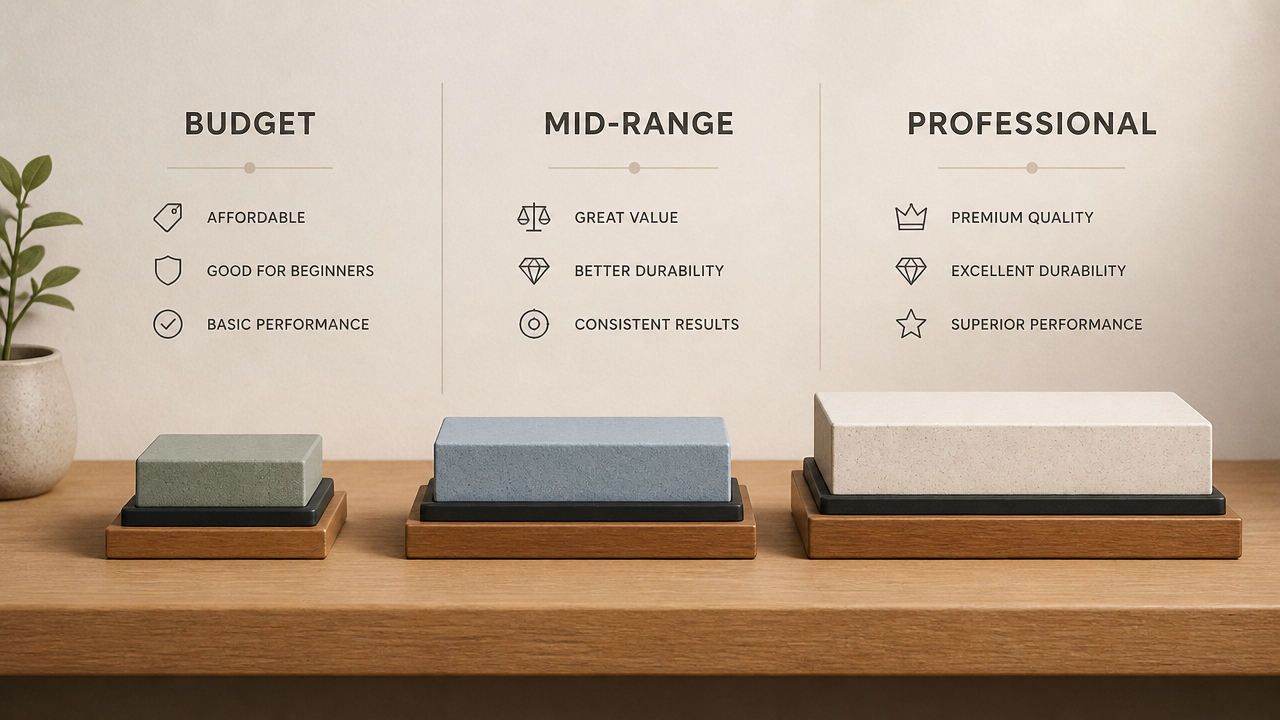 A stylized comparison chart illustration showing three whetstones arranged by size and quality tier, labeled 'Budget', 'Mid-Range', and 'Professional', displayed on a clean wooden shelf, soft studio lighting, no brand logos, minimal design