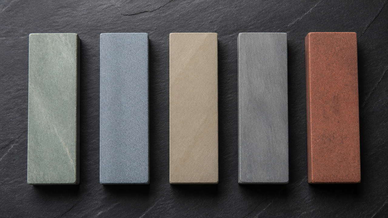 A flat lay aerial illustration of five different whetstones arranged neatly in a row on a slate surface, each slightly different in color and texture to represent different types, soft overhead lighting, no labels or text, clean minimalist composition