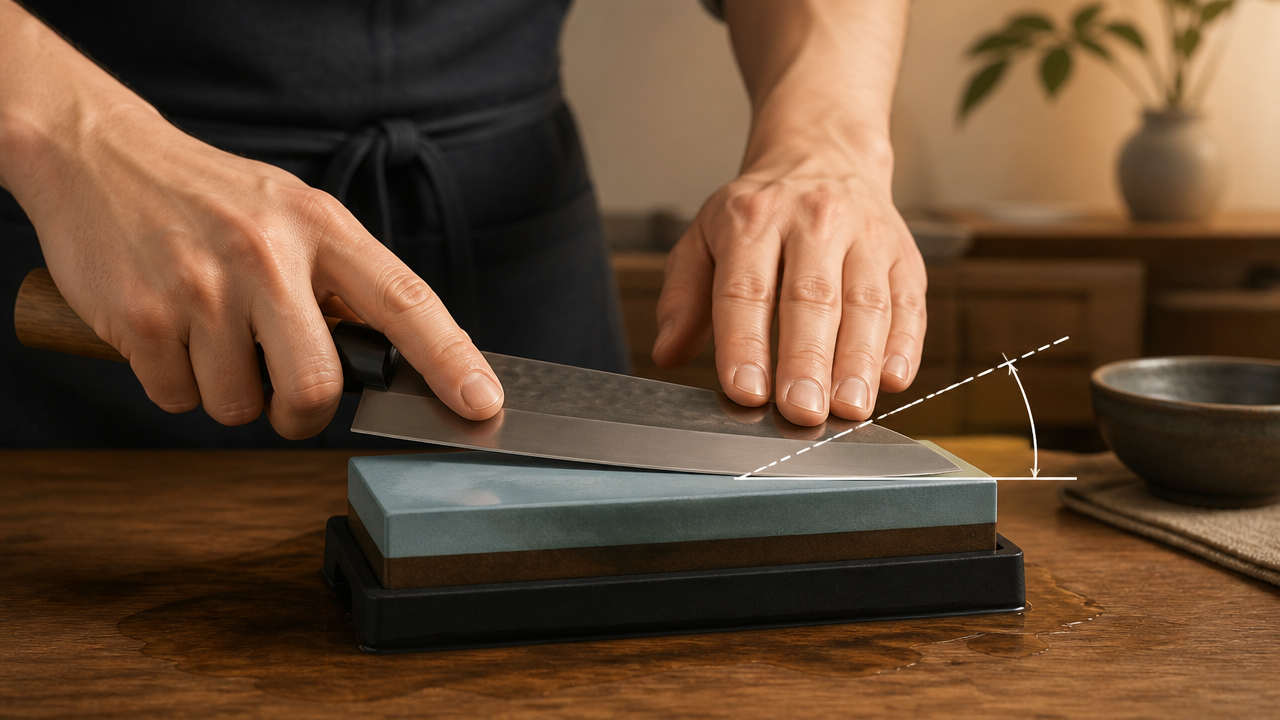 An instructional illustration showing hands correctly holding a Japanese kitchen knife at a low angle against a whetstone, with a visual angle guide overlay, calm kitchen background, warm soft lighting, no text, realistic but clean illustrative style
