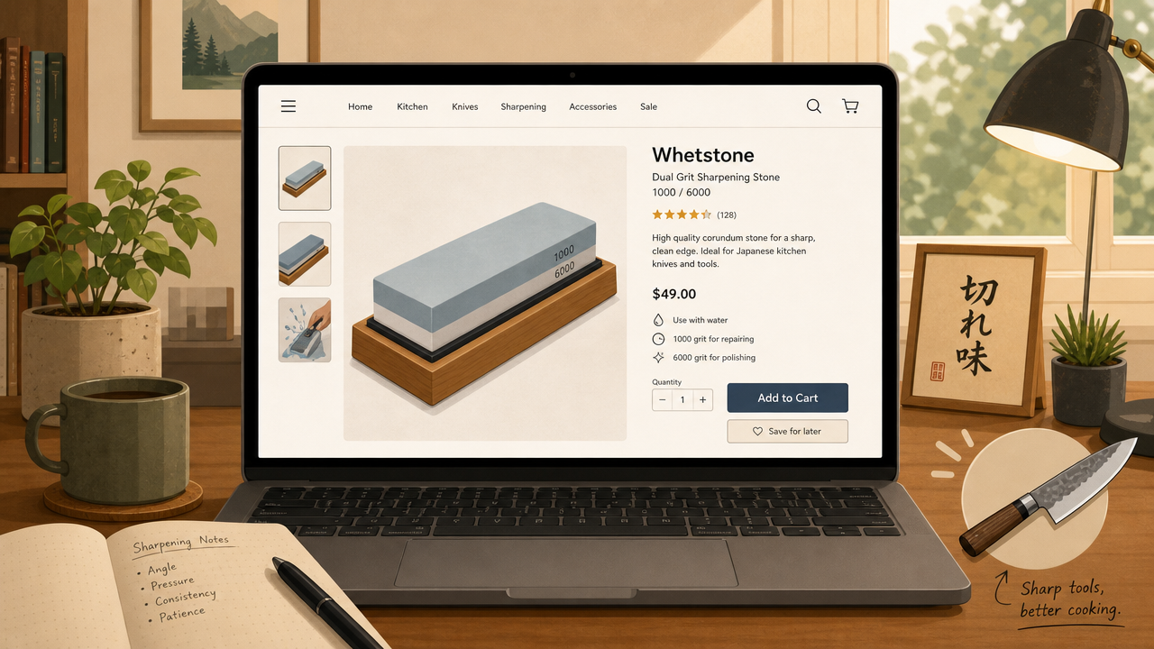 An illustration of an online shopping interface on a laptop screen showing a whetstone product page, with a small Japanese kitchen knife icon nearby, cozy home office setting, warm lighting, flat editorial illustration style, no real brand names or logos visible