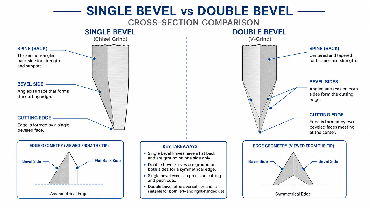 A detailed educational diagram-style illustration showing a cross-section comparison of a single bevel and double bevel knife edge, with labels. Clean white background, technical drawing aesthetic, minimal color palette of blue and gray, no photographs, no real product branding.