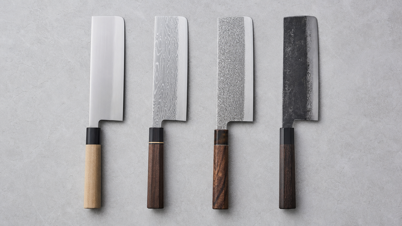 A flat-lay illustration showing four Japanese nakiri knives arranged in a row from left to right, each slightly different in handle style and blade finish — plain stainless, damascus pattern, dense damascus pattern, and a dark kurouchi finish. Soft studio lighting on a pale slate surface, no text, no brand logos, editorial product photography aesthetic.