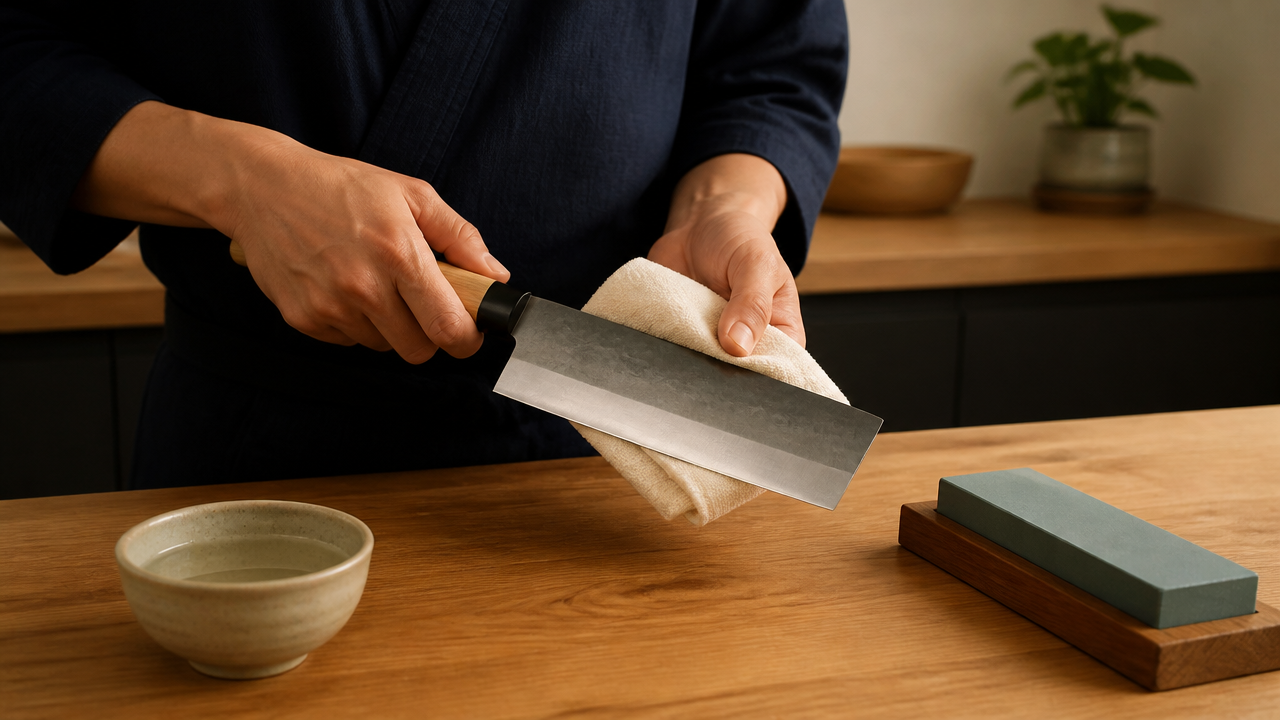 An illustration of a Japanese nakiri knife being carefully hand-dried with a clean cloth on a wooden kitchen counter, with a whetstone and a small water bowl placed nearby. Warm kitchen lighting, tidy minimal background, no text, realistic illustrative style.