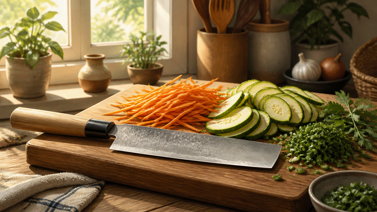 A warm, inviting kitchen scene illustration showing a Japanese nakiri knife resting on a wooden cutting board next to a colorful array of freshly prepared vegetables — julienned carrots, sliced zucchini, and chopped herbs. Soft morning light through a window in the background, no text, no product branding, cozy editorial food illustration style.