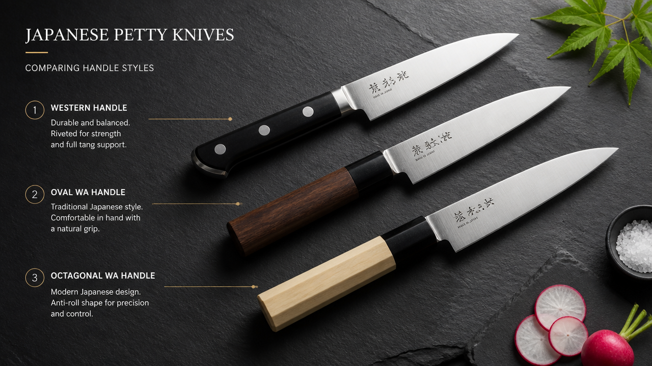 A styled overhead shot illustration of three Japanese petty knives arranged diagonally on a dark slate surface, each with a slightly different handle style — one Western black handle, one oval Wa wood handle, one octagonal magnolia handle, soft studio lighting, product comparison visual for a culinary guide