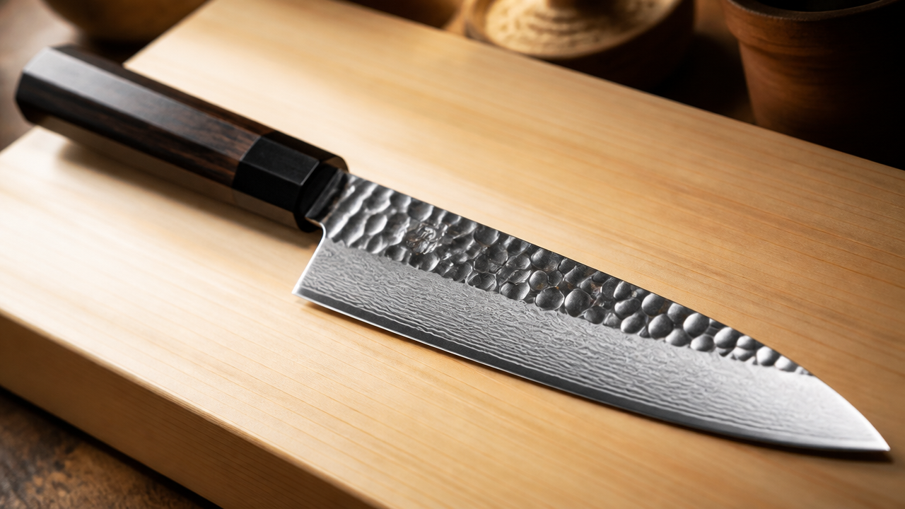 A close-up illustration of a Japanese petty knife with a hammered Damascus steel blade resting on a smooth hinoki wood cutting board, the blade reflecting soft kitchen lighting, the tsuchime texture visible on the blade surface, warm artisan workshop atmosphere, detailed craft photography style