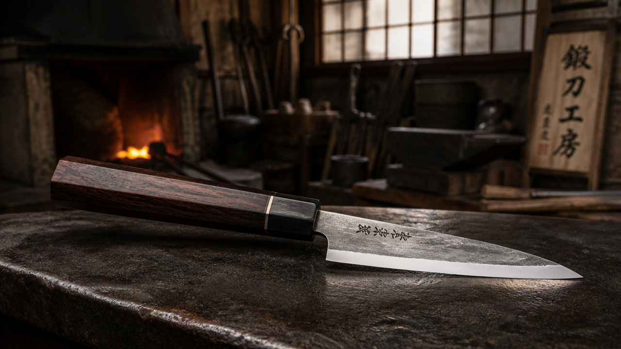 An artisan workshop illustration showing a single handcrafted Japanese petty knife with a rosewood octagonal Wa handle resting on a dark iron surface, soft forge-light ambiance in the background suggesting traditional Japanese blacksmithing, ultra-detailed blade texture showing hand-polished finish, premium craftsmanship aesthetic