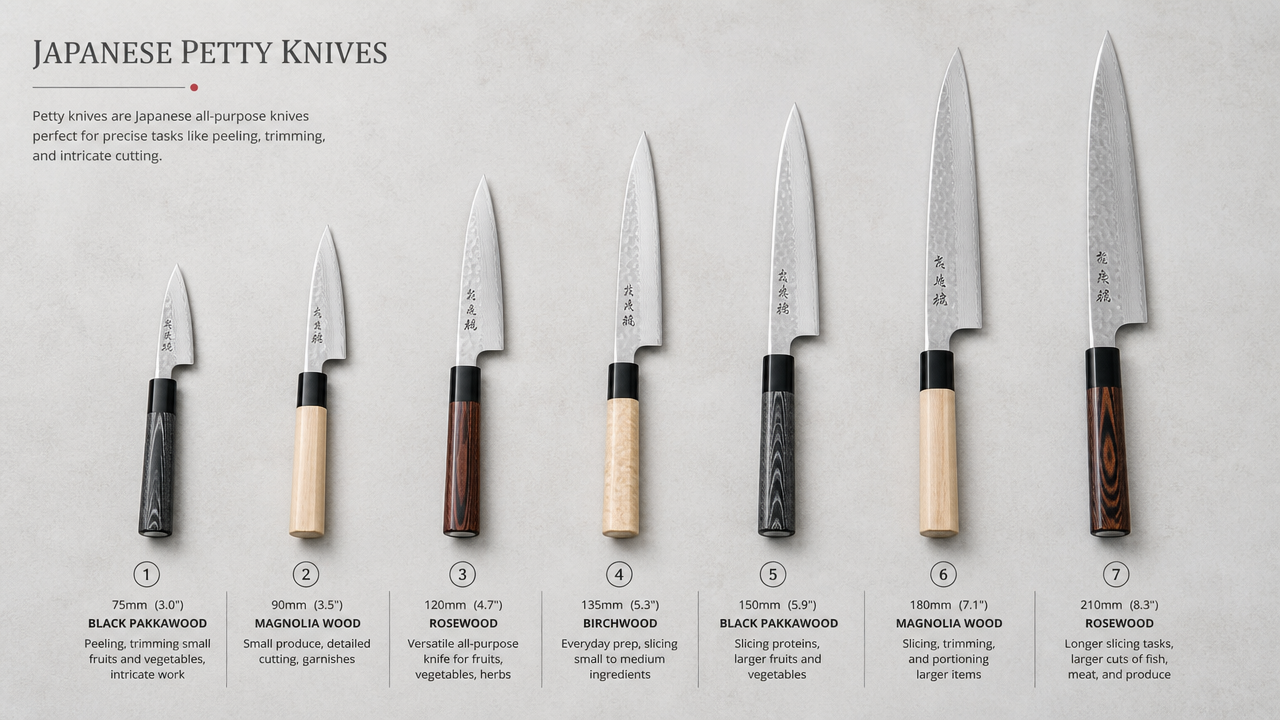 A clean editorial illustration of seven Japanese petty knives arranged in a row from shortest to longest, each with a slightly different handle material — black pakkawood, magnolia wood, rosewood, birchwood — displayed on a light gray surface, overhead flat-lay perspective, knife comparison chart visual style for a culinary website
