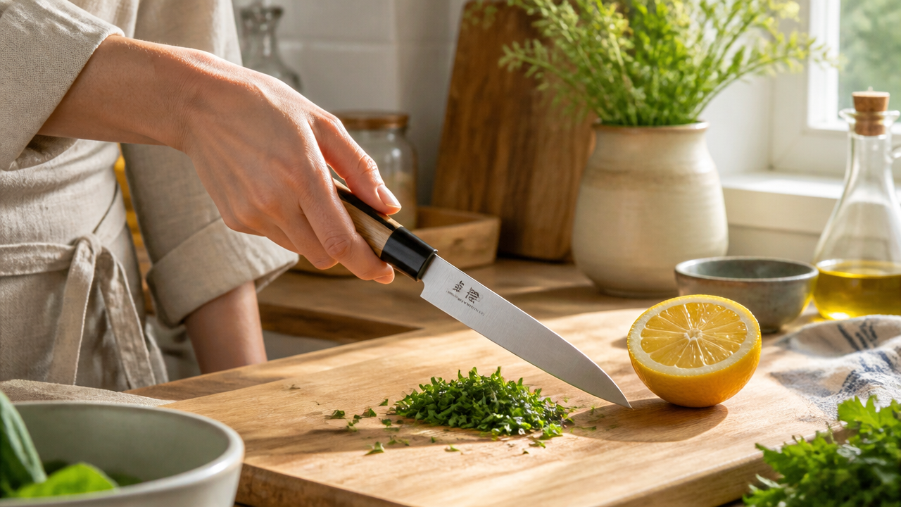 A warm lifestyle illustration of a home cook's hand holding a Japanese petty knife with a Wa handle over a wooden cutting board with sliced herbs and a halved lemon, soft morning kitchen light coming through a window, clean and inviting domestic cooking scene, editorial food photography style