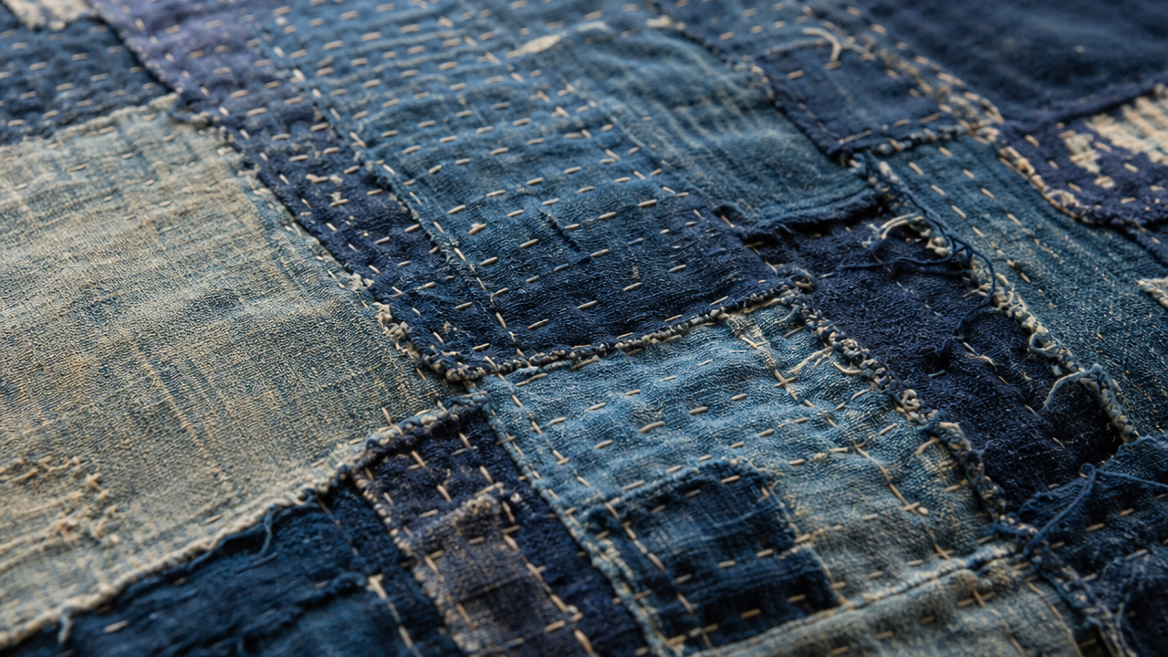 A close-up photograph-style illustration of a layered Japanese boro textile, showing multiple generations of indigo cotton patches stitched together with dense hand-running stitches, frayed edges visible, earthy and worn appearance, soft natural light, no text, no people