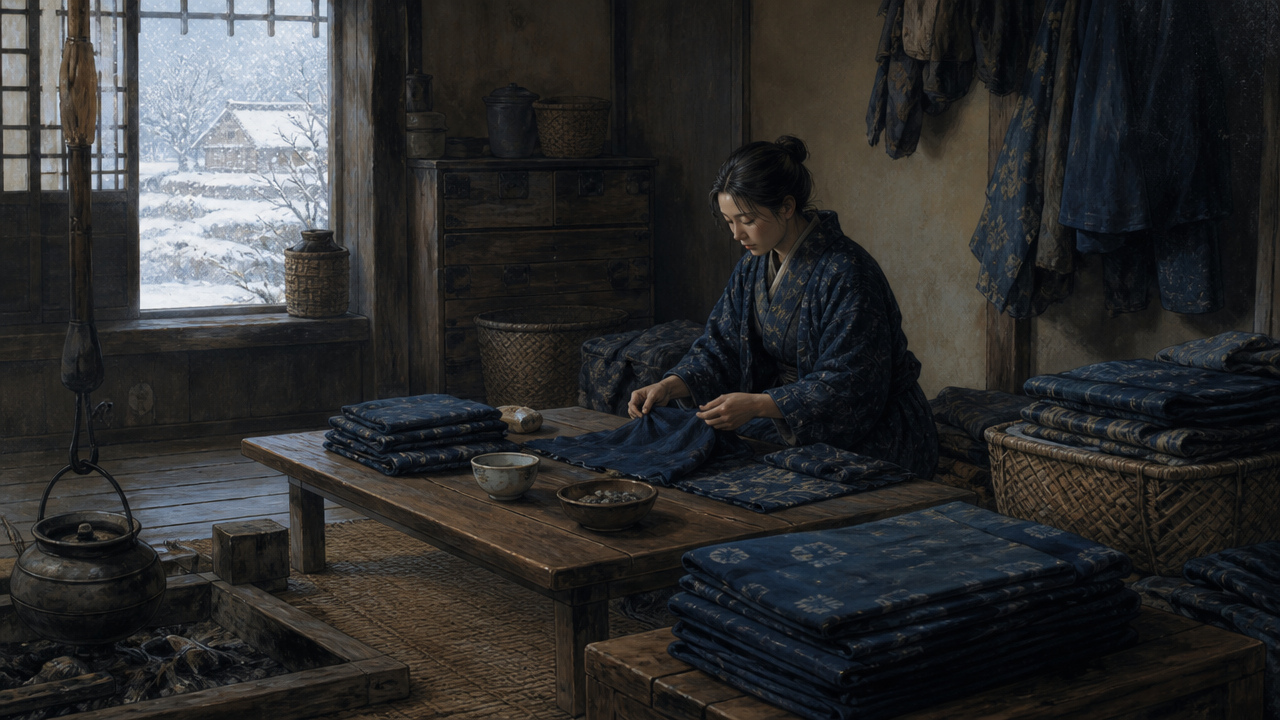 An illustration of a rural Japanese farmhouse interior during the Edo period in Tohoku, a woman sitting by a low wooden table in winter light, surrounded by stacked folded indigo cloth and worn garments, snow visible through a small window, muted blue and brown tones, no text