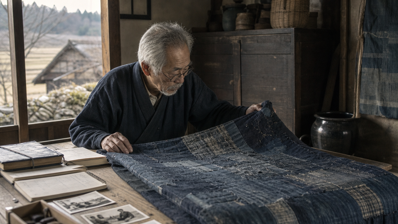 An archival-style illustration of an elderly Japanese folklorist carefully examining a large folded piece of heavily patched indigo boro textile on a wooden table, notebooks and old photographs nearby, a rural Aomori farmhouse setting, muted earthy tones, documentary atmosphere, no text