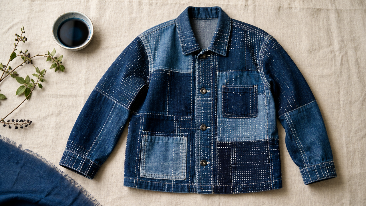 A flat-lay illustration of a contemporary Japanese denim jacket with heavy patchwork panels joined by visible sashiko running stitches in white thread, placed on a natural linen surface, small ceramic bowl with indigo dye nearby, clean editorial styling, natural daylight, no text, no brand logos