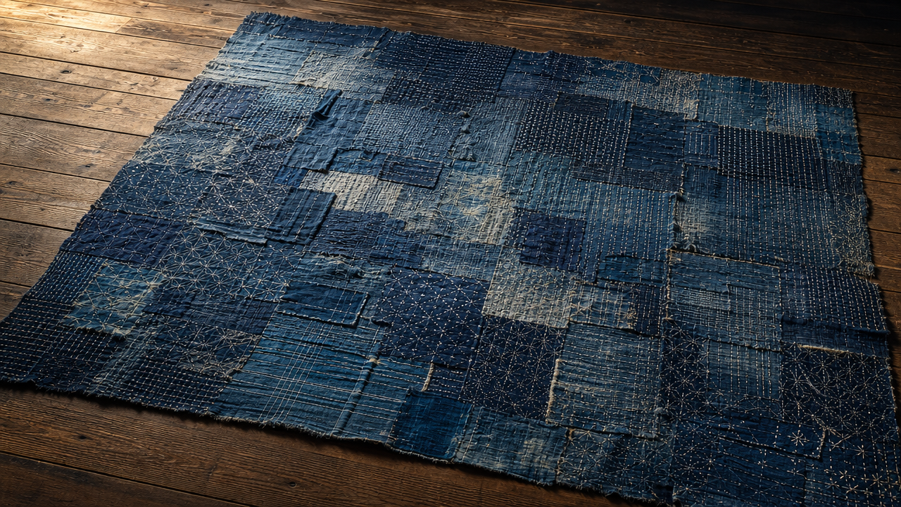 A contemplative illustration of a single large boro textile panel spread across a wooden floor, showing dozens of overlapping indigo patches of varying ages and textures stitched with dense sashiko patterns, soft raking light revealing texture and depth, no people, no text, museum-quality presentation