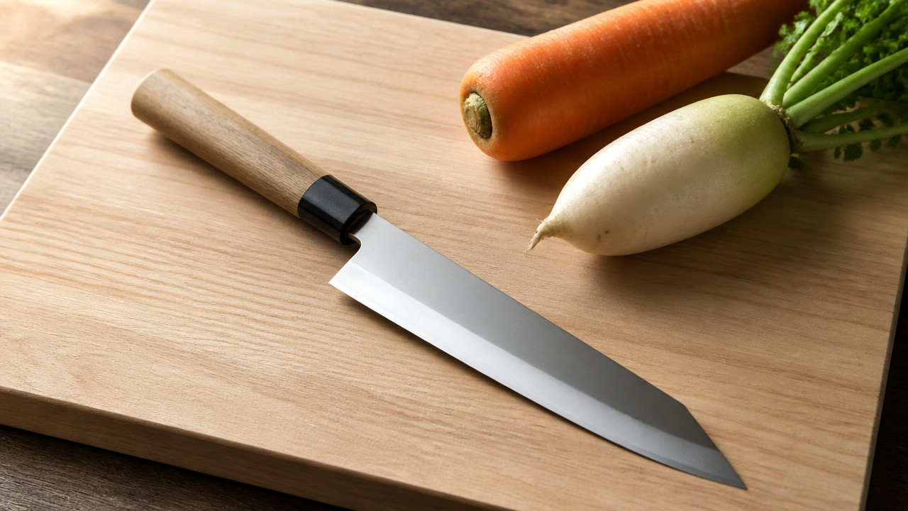 A single Japanese kitchen knife with a sharp angular clipped tip resting diagonally on a light wooden cutting board. The blade is clean and polished, catching soft natural light from the left. A few whole vegetables — a carrot and a small daikon — are placed loosely nearby. No text, no labels, no branding visible anywhere.