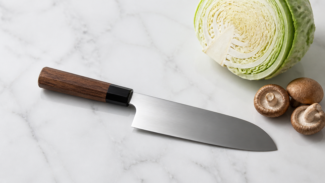A single Japanese kitchen knife with a gently rounded tip resting on a clean white marble surface. The blade is polished and unbranded. A halved cabbage and a few mushrooms are arranged naturally to the side. Soft diffused overhead lighting. No text, no labels, no logos anywhere on the knife or background.