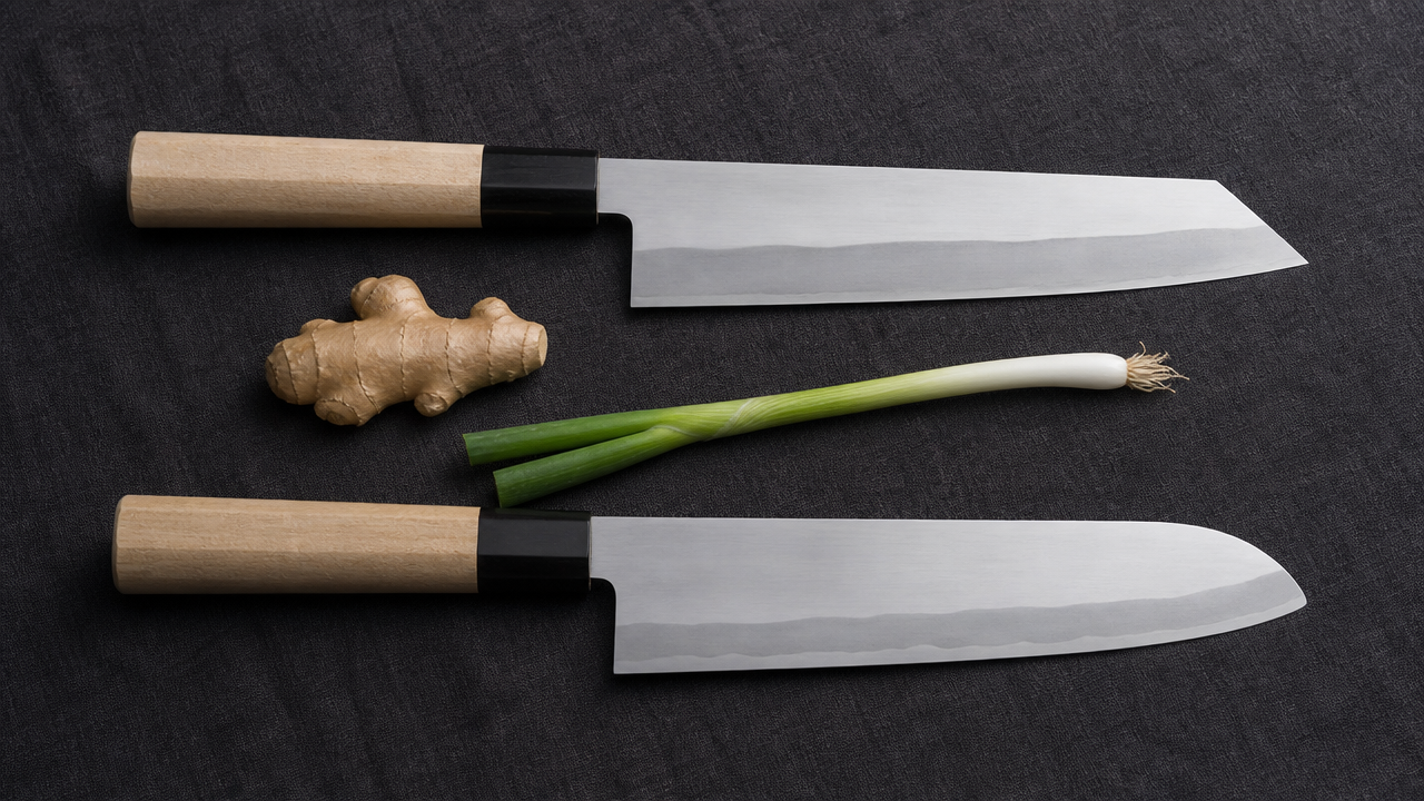 Two Japanese kitchen knives arranged parallel on a dark textured linen cloth, photographed from above at a slight angle. The upper knife has an angular clipped tip and the lower knife has a rounded tip. Both are unbranded and clean. A small piece of ginger root and a spring onion are placed loosely between them as props. No text or labels anywhere.
