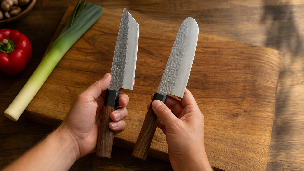 A pair of hands gently holding two different Japanese kitchen knives side by side over a wooden cutting board, viewed from slightly above. The left hand holds a knife with an angular tip and the right hand holds one with a rounded tip. The hands are relaxed and natural. A few vegetables — a bell pepper and a leek — sit on the board. Warm natural kitchen lighting. No text, no branding, no labels on the knives.