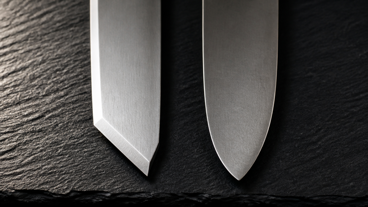 A close-up overhead shot of the tip sections of two Japanese kitchen knives resting side by side on a dark slate tile. The left knife tip is angular and sharply clipped, the right knife tip is gently rounded. Both blades are clean and unbranded. Dramatic raking light from the left emphasizes the difference in tip geometry. No text, no labels.