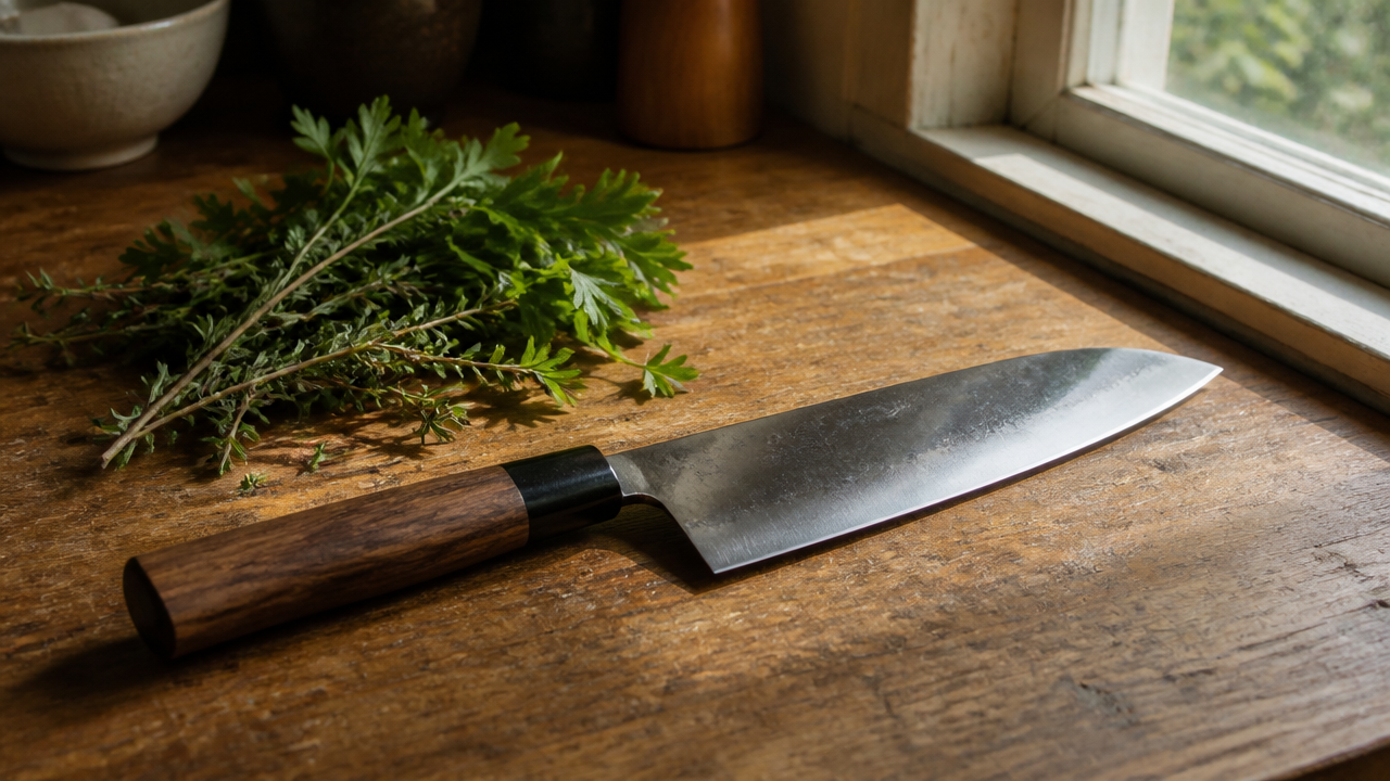 A single Japanese kitchen knife resting diagonally on a worn wooden kitchen counter near a window. Morning light comes in from the right, casting a gentle shadow across the unbranded blade. A small bundle of fresh herbs — thyme and flat-leaf parsley — is loosely placed beside the knife. The overall mood is calm and domestic. No text, no labels, no branding visible.