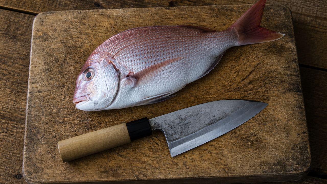 A single thick Japanese deba knife resting on a worn wooden cutting board beside a whole fresh fish. The blade is short, heavy, and visibly robust at the spine. No text, no logos, no labels. Overhead angle, natural daylight, rustic kitchen atmosphere.