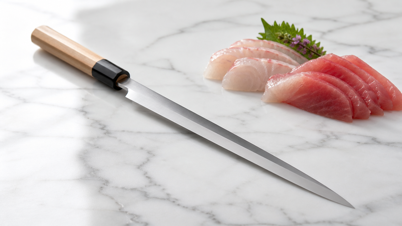 A single long slender Japanese yanagiba knife laid diagonally on a clean white marble surface next to thin slices of raw fish arranged neatly. The blade is visibly thin and elegant. No text, no logos, no labels. Soft natural light from the side, clean minimalist composition.