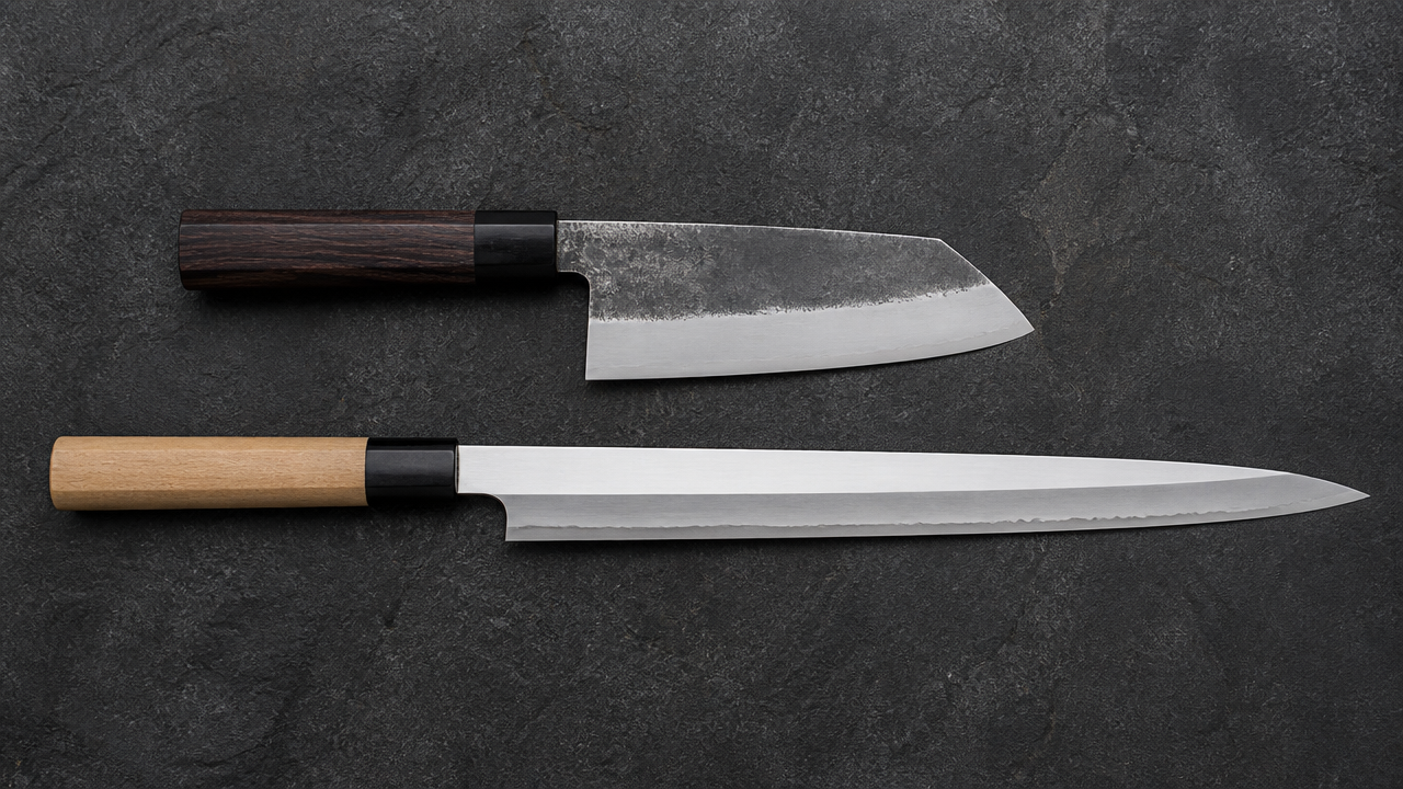 Two Japanese knives placed parallel to each other on a dark stone surface, one visibly short and thick-spined, the other long and slender. Shot from directly above with clean even lighting. No text, no labels, no logos. Sharp focus across both blades, minimal background clutter.