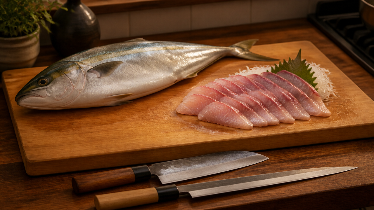 A home kitchen scene with a wooden cutting board, a whole raw fish on one side and neat slices of sashimi on the other side. Two Japanese knives rest nearby, one short and thick, one long and thin. Warm ambient kitchen lighting. No text, no logos, no labels. Realistic and inviting composition.
