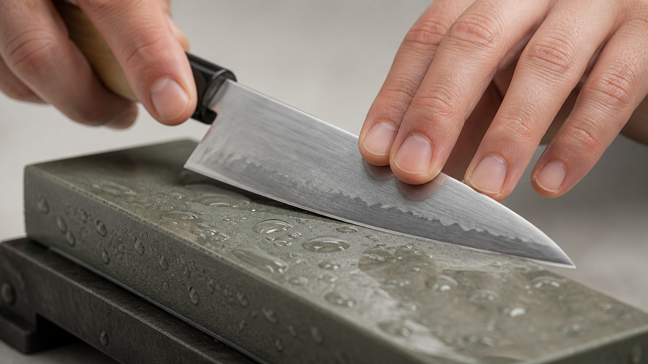 Close-up of a Japanese knife being sharpened on a wet whetstone, water droplets visible on the stone surface. The knife angle is clearly visible. Clean neutral background. No text, no logos, no brand markings. Focused, instructional-feeling composition with natural light.