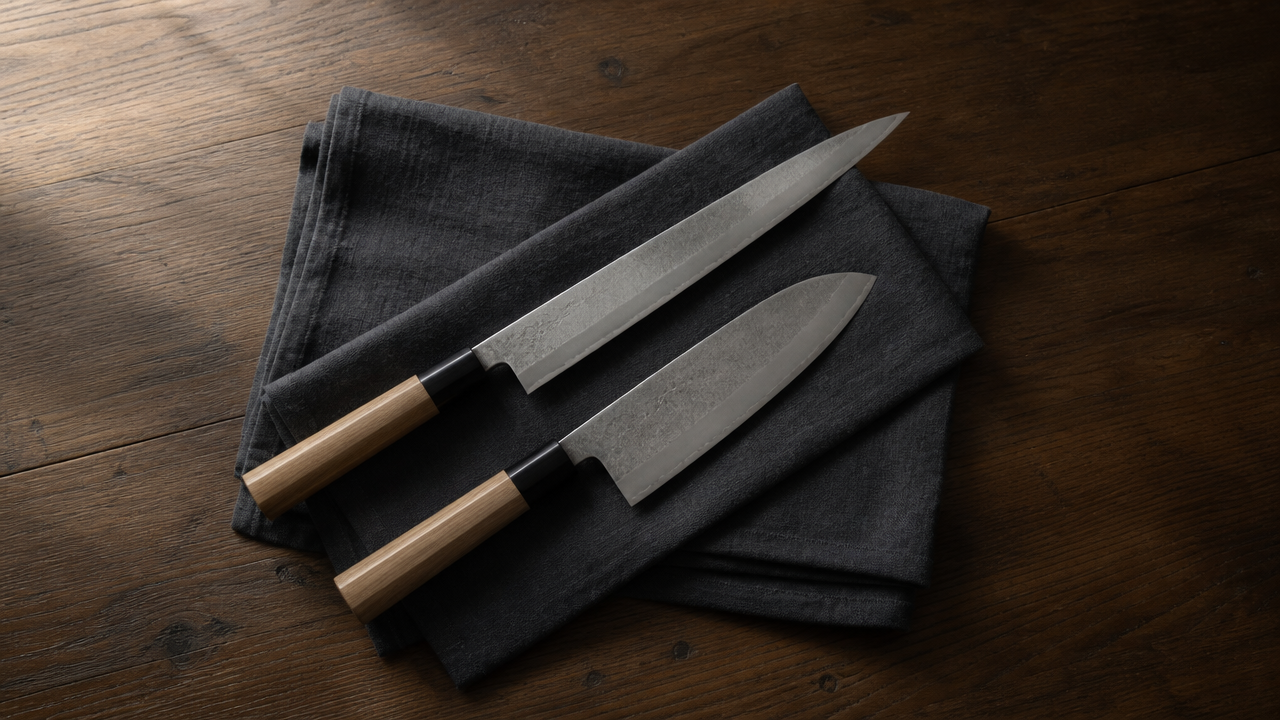 A serene top-down composition of two Japanese fish knives resting on a folded dark linen cloth on a wooden table. One knife is short and robust, one is long and slender. Minimal styling, soft window light from one side. No text, no labels, no logos. Calm and refined aesthetic.